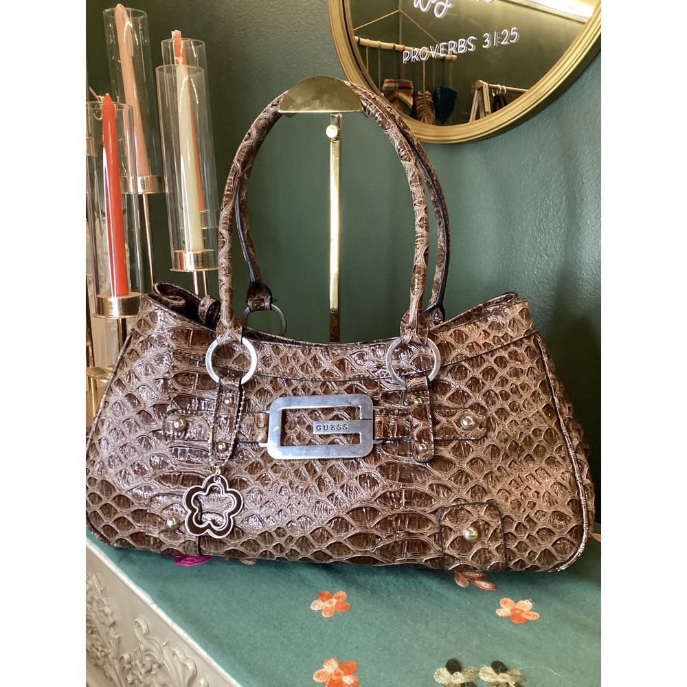 Guess Shoulder Bag Womens Brown Excellent Croc Embossed Satchel F-10 16843